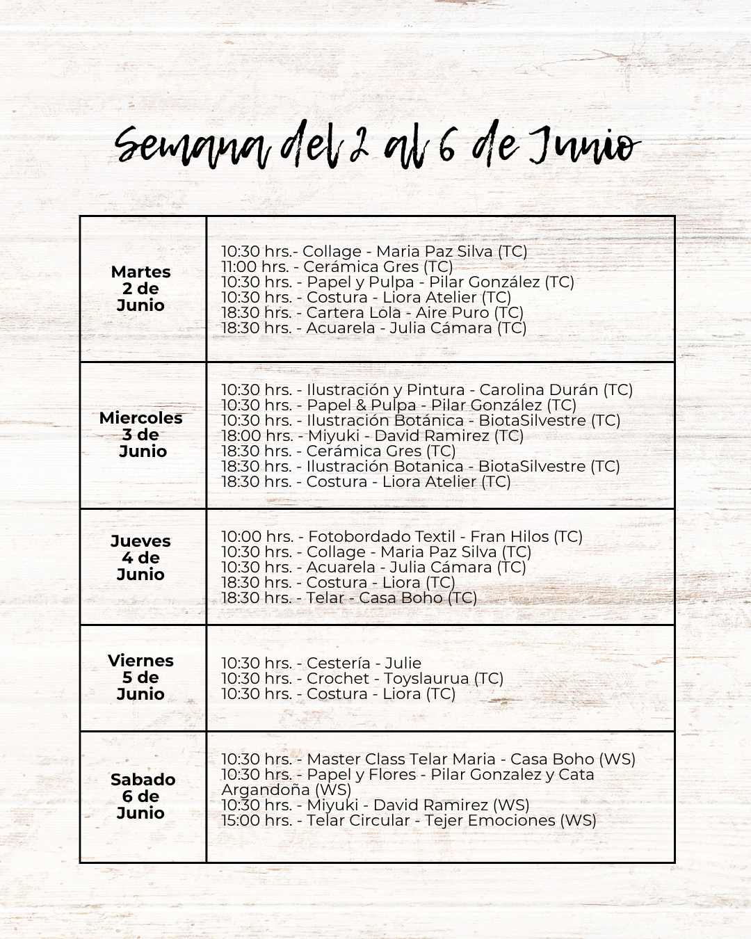 Talleres y workshops del mes de Junio