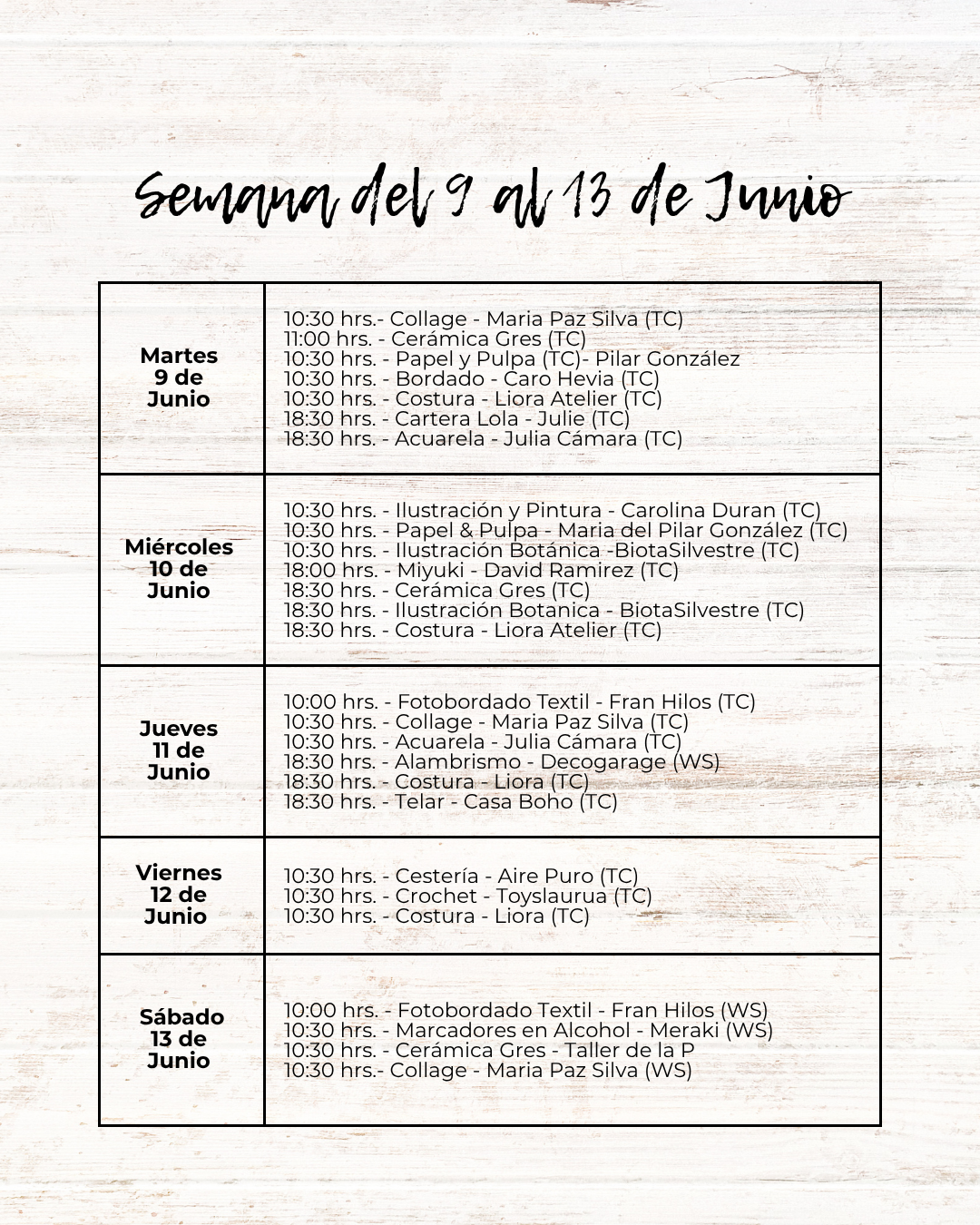 Talleres y workshops del mes de Junio