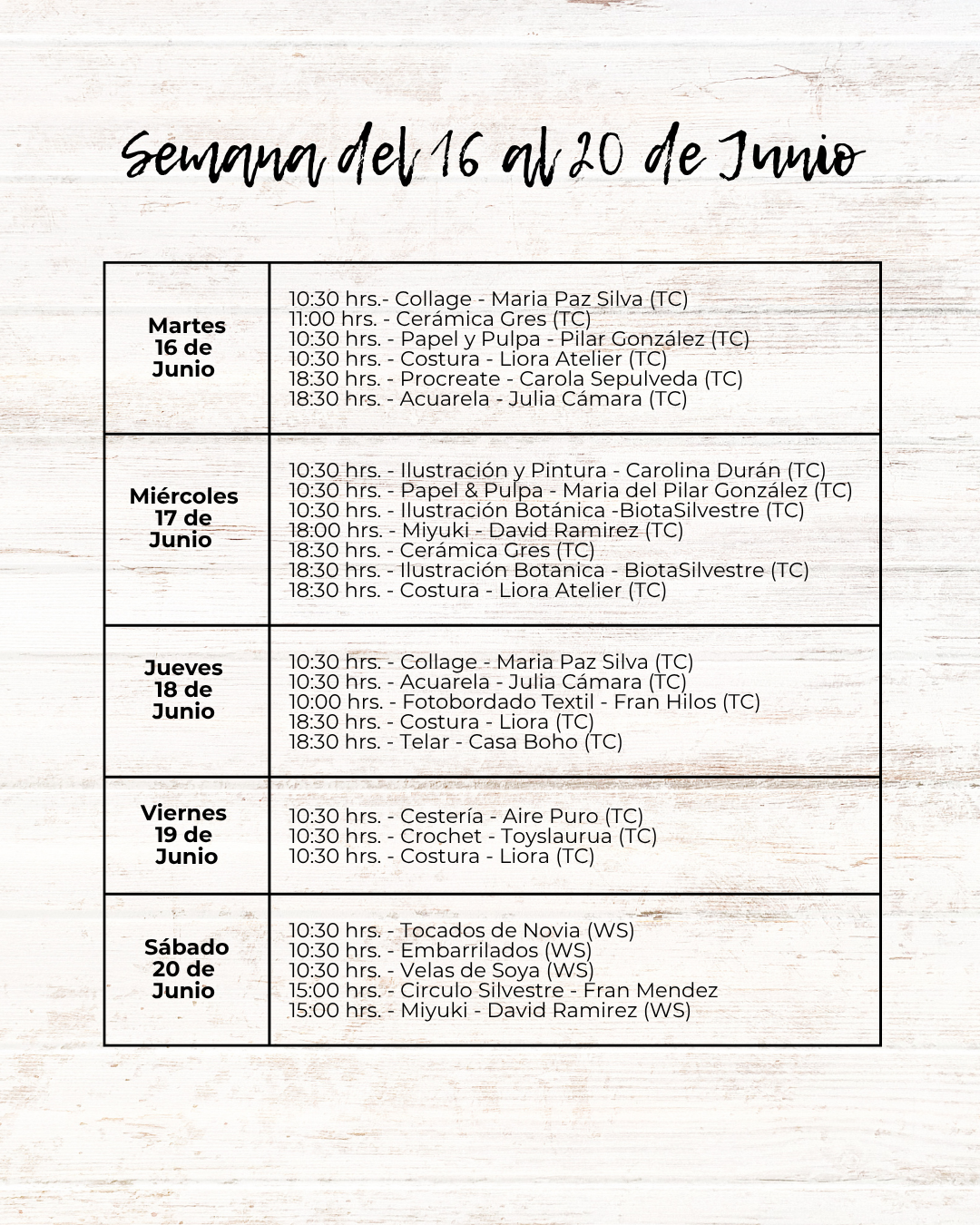 Talleres y workshops del mes de Junio